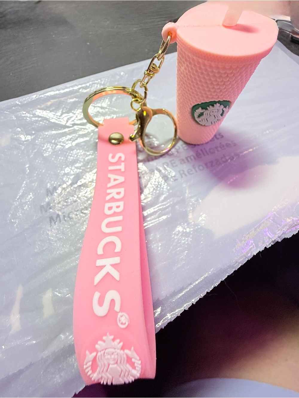 Starbucks Limited Edition Pink Silicone Cup Keyring with Gold Hardware